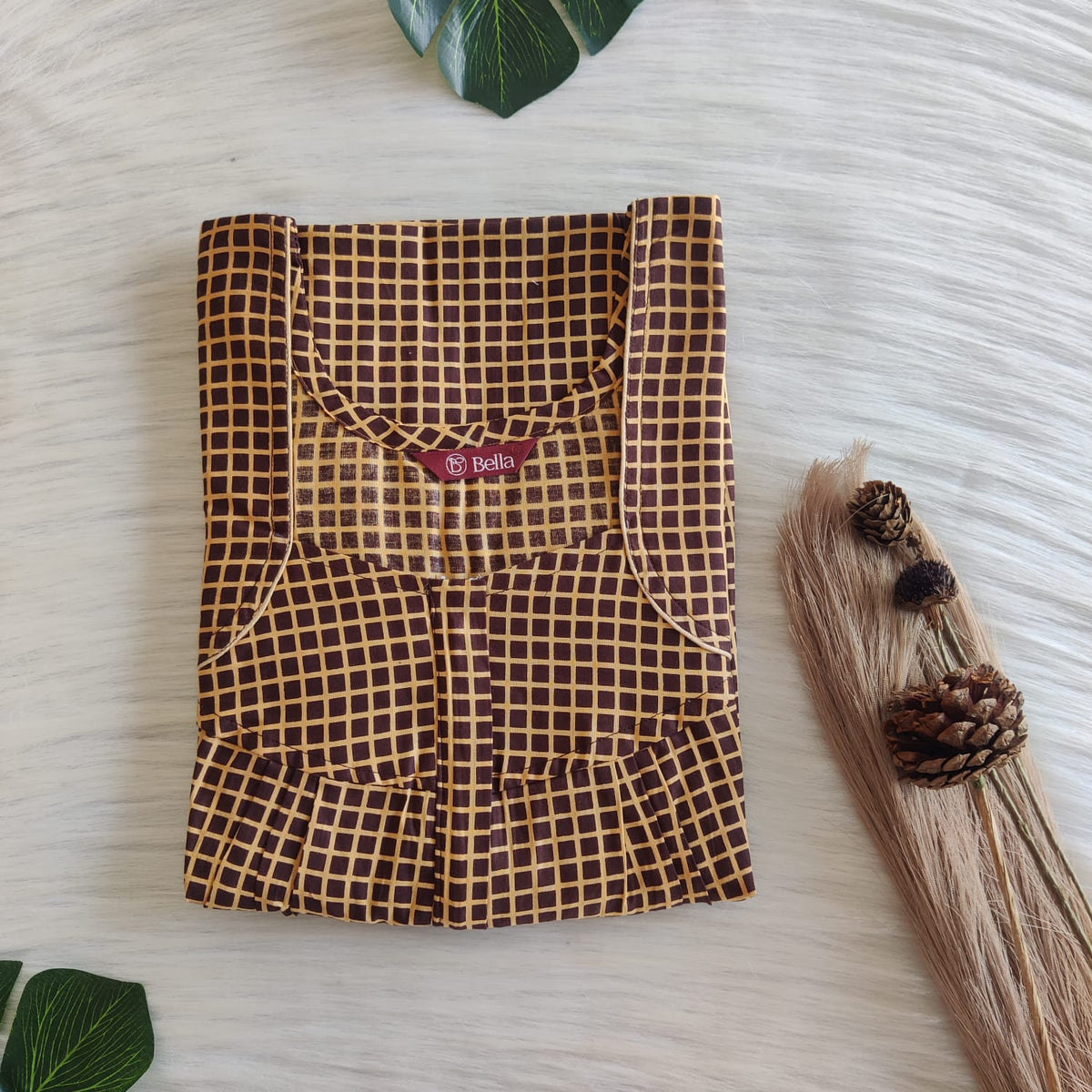 Brown Check Printed Premium Cotton Pleated Zip Nighty | Free Size | Chest Width 44″| Length 54″-55″