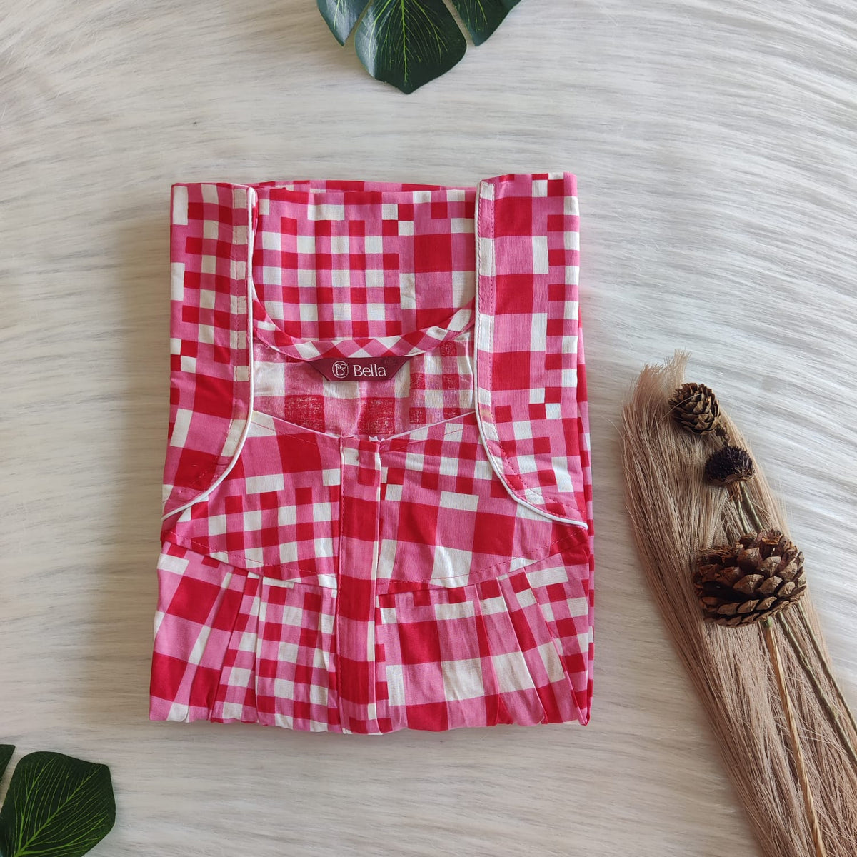 Pink Check Printed Premium Cotton Pleated Zip Nighty | Free Size | Chest Width 44″| Length 54″-55″