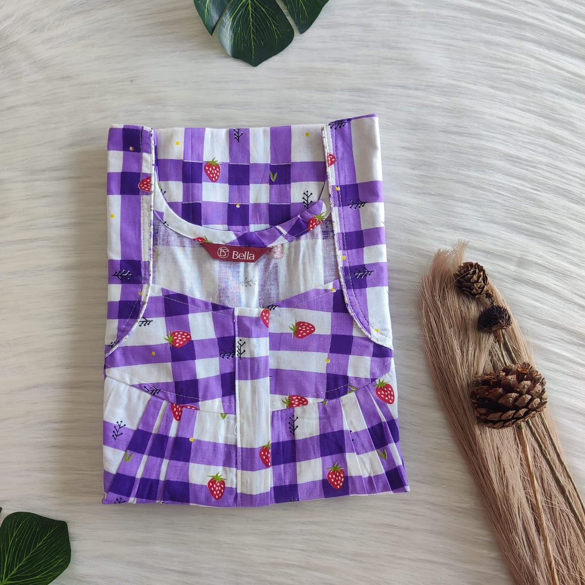 Strawberry Printed Purple Check Premium Cotton Pleated Zip Nighty | Free Size | Chest Width 44″| Length 54″-55″