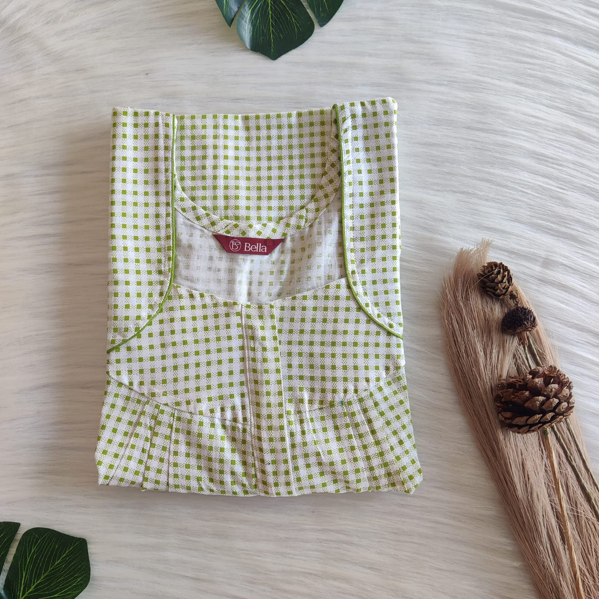 Green Dot Printed Premium Cotton Pleated Zip Nighty | Free Size | Chest Width 44″| Length 54″-55″