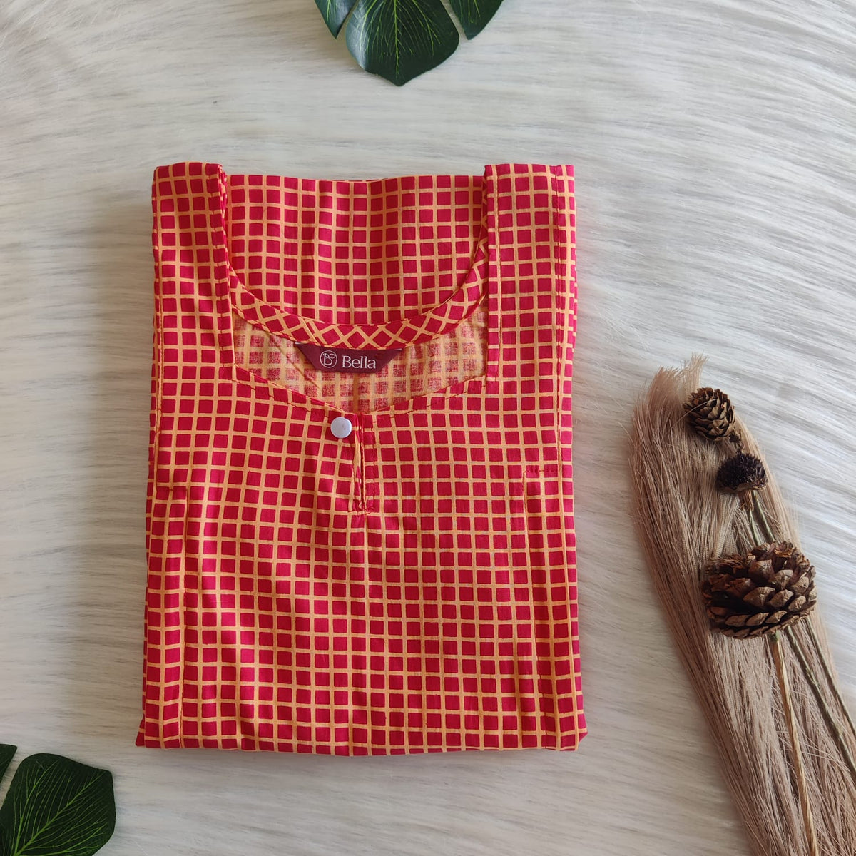 Red Check Printed Premium Cotton Aline Cut Vertical Zip Feeding Nighty | Free Size | Chest Width 44″| Length 54″-56″