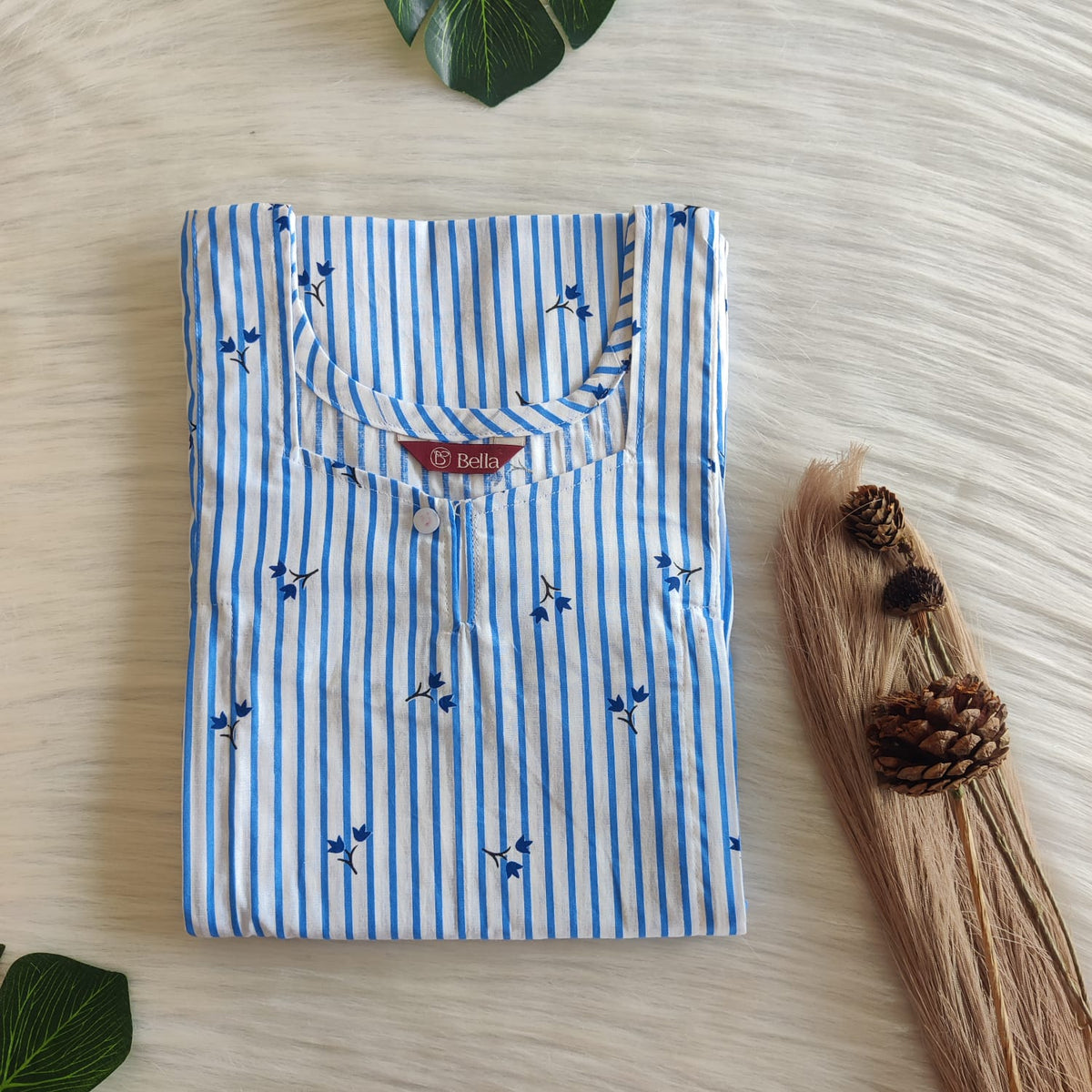 Blue Stripes Printed Premium Cotton Aline Cut Vertical Zip Feeding Nighty | Free Size | Chest Width 44″| Length 54″-56″
