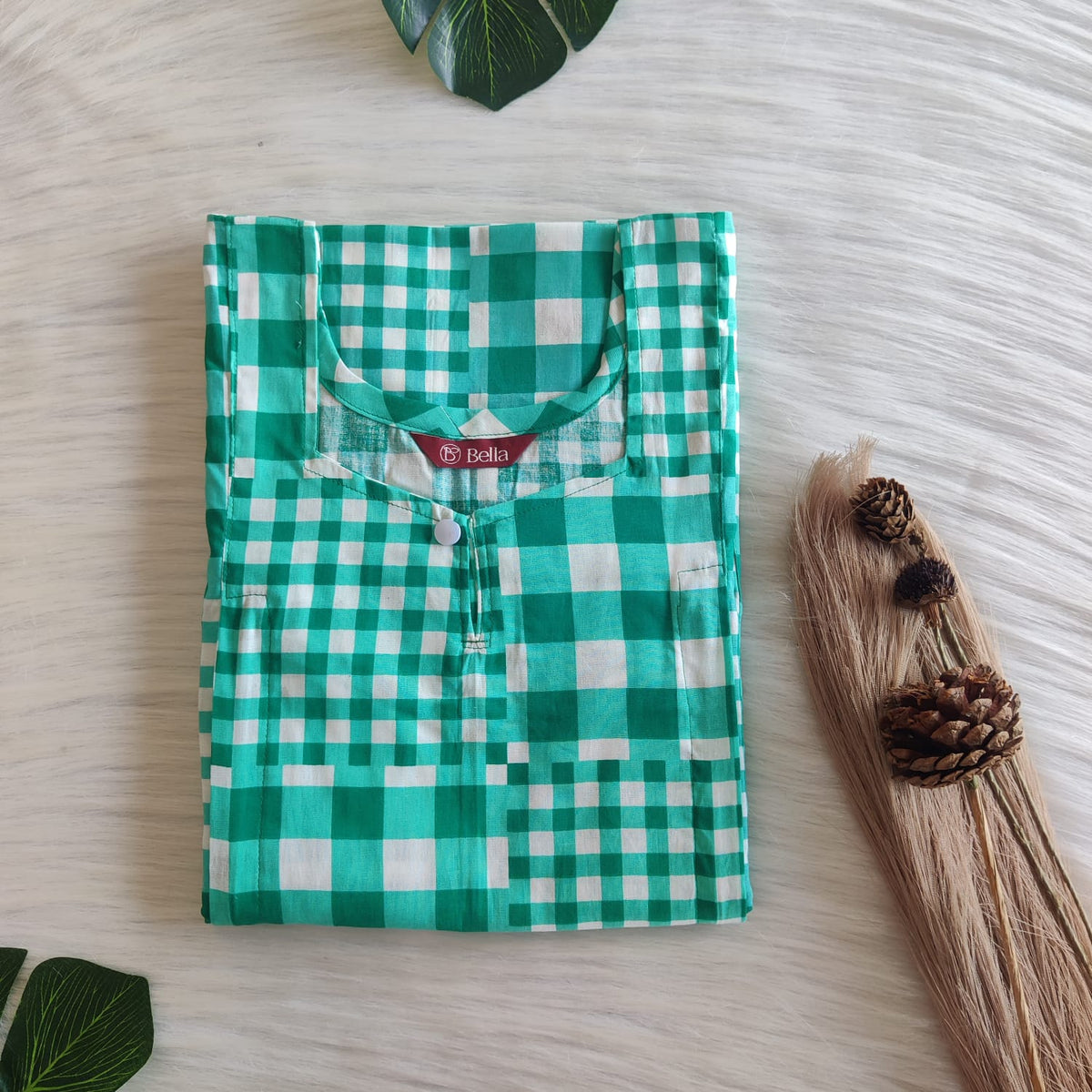 Green Check Printed Premium Cotton Aline Cut Vertical Zip Feeding Nighty | Free Size | Chest Width 44″| Length 54″-56″