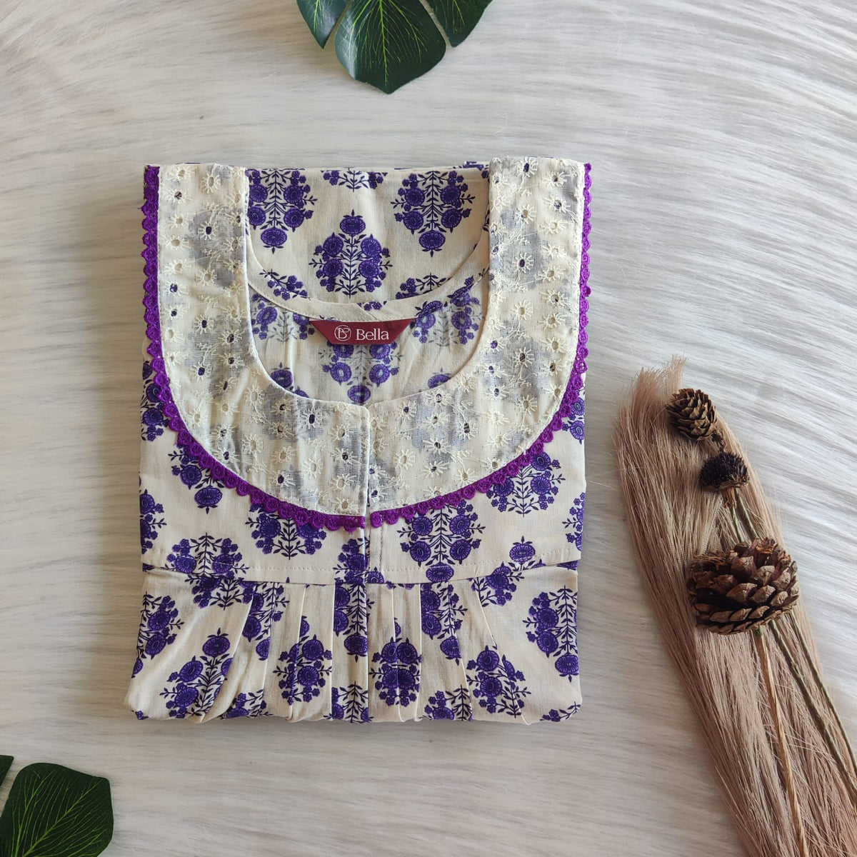 Purple Floral Printed Ivory Premium Cotton Hakoba Lace Nighty | Free Size | Chest Width 44″| Length 54″-56″