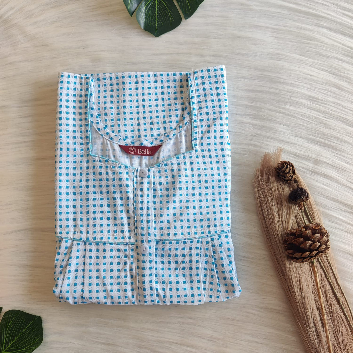 Blue Dot Printed Premium Cotton Button Zip Nighty | Free Size | Chest Width 44″| Length 55″-56|