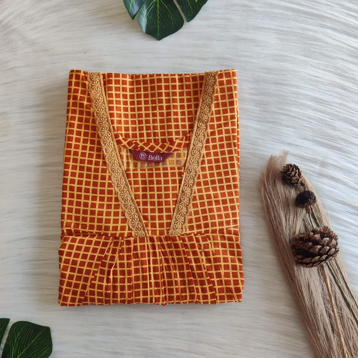 Brown Check Printed Premium Cotton V-Neck Lace Pleated Nighty | No Zip | Free Size | Chest Width 44″| Length 56″