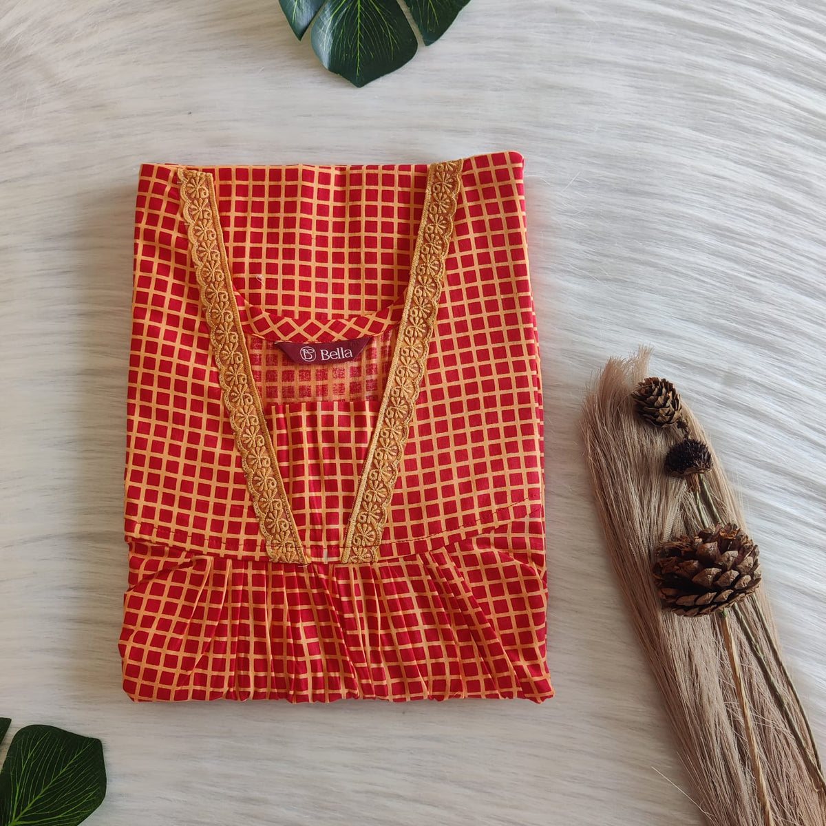 Red Check Printed Premium Cotton V-Neck Lace Pleated Nighty | No Zip | Free Size | Chest Width 44″| Length 56″
