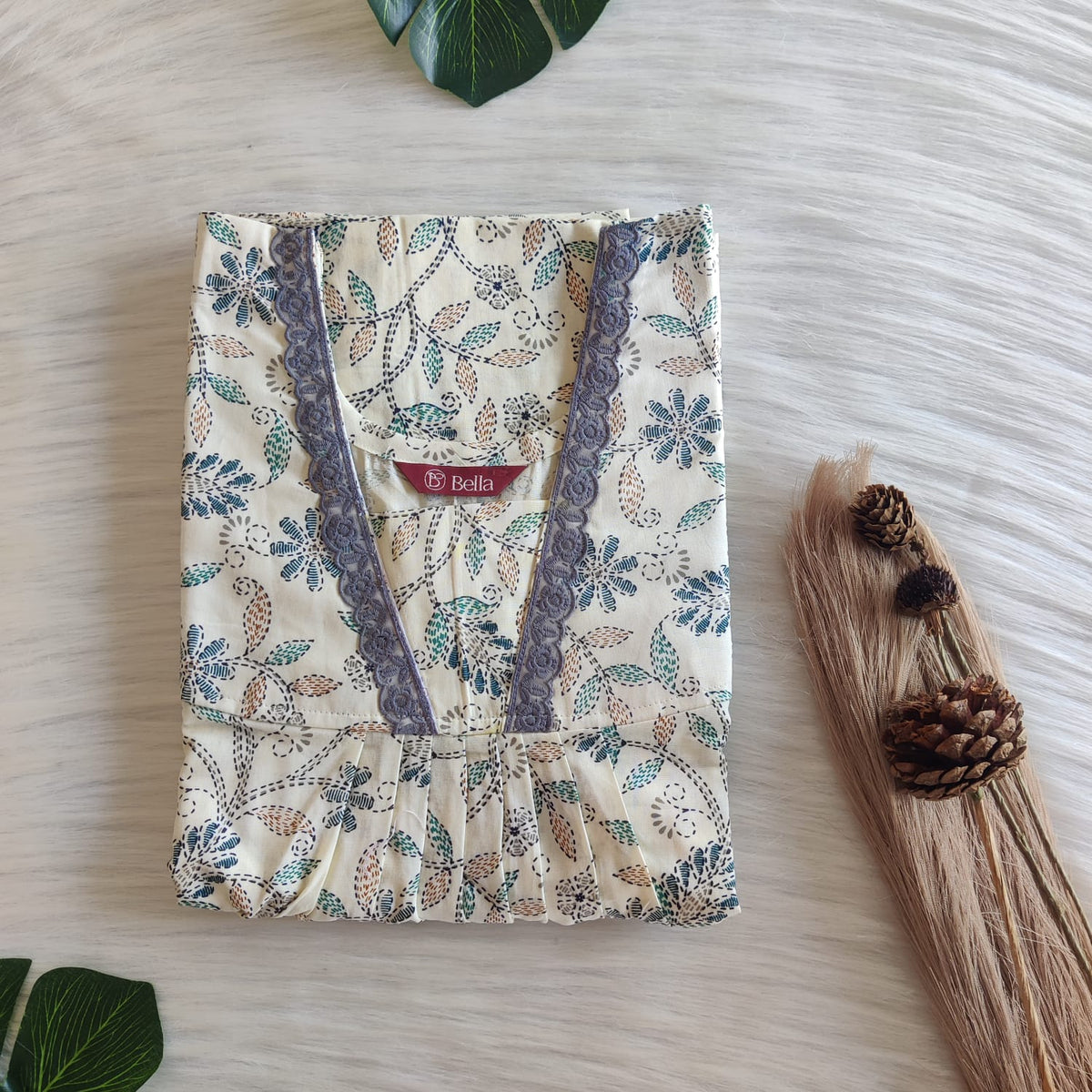 Blue Floral Printed Ivory Premium Cotton V-Neck Lace Pleated Nighty | No Zip | Free Size | Chest Width 44″| Length 56″