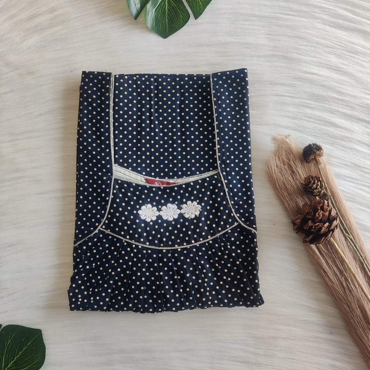 Navy Blue Dot Printed Gujari Cotton Three Flower Nighty |Free Size | Chest Width 44"| Length 54"-55"
