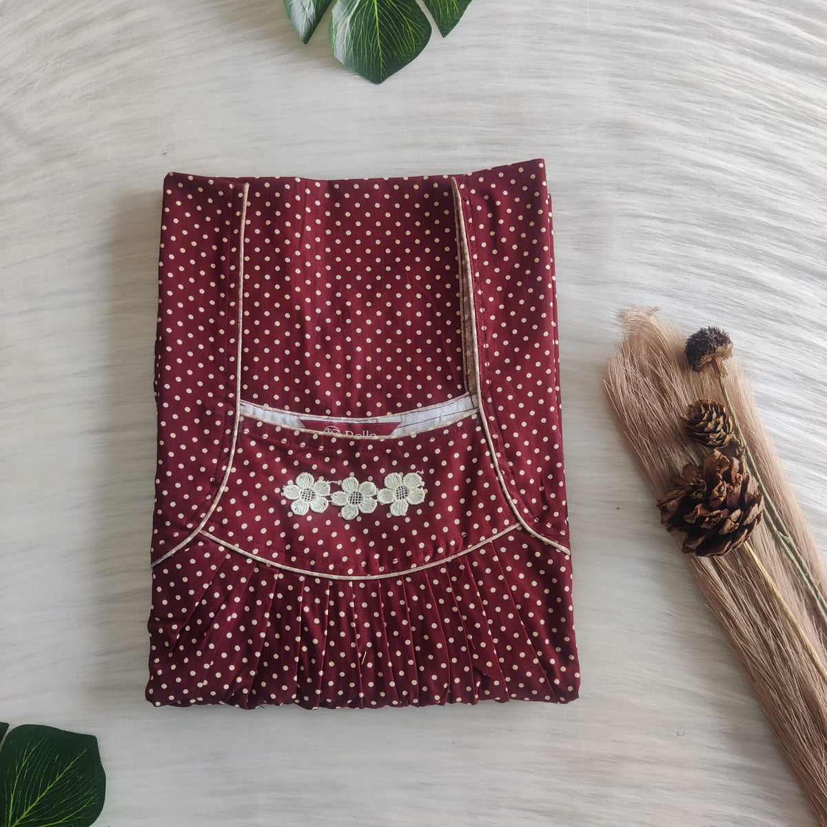 Maroon Dot Printed Gujari Cotton Three Flower Nighty |Free Size | Chest Width 44"| Length 54"-55"