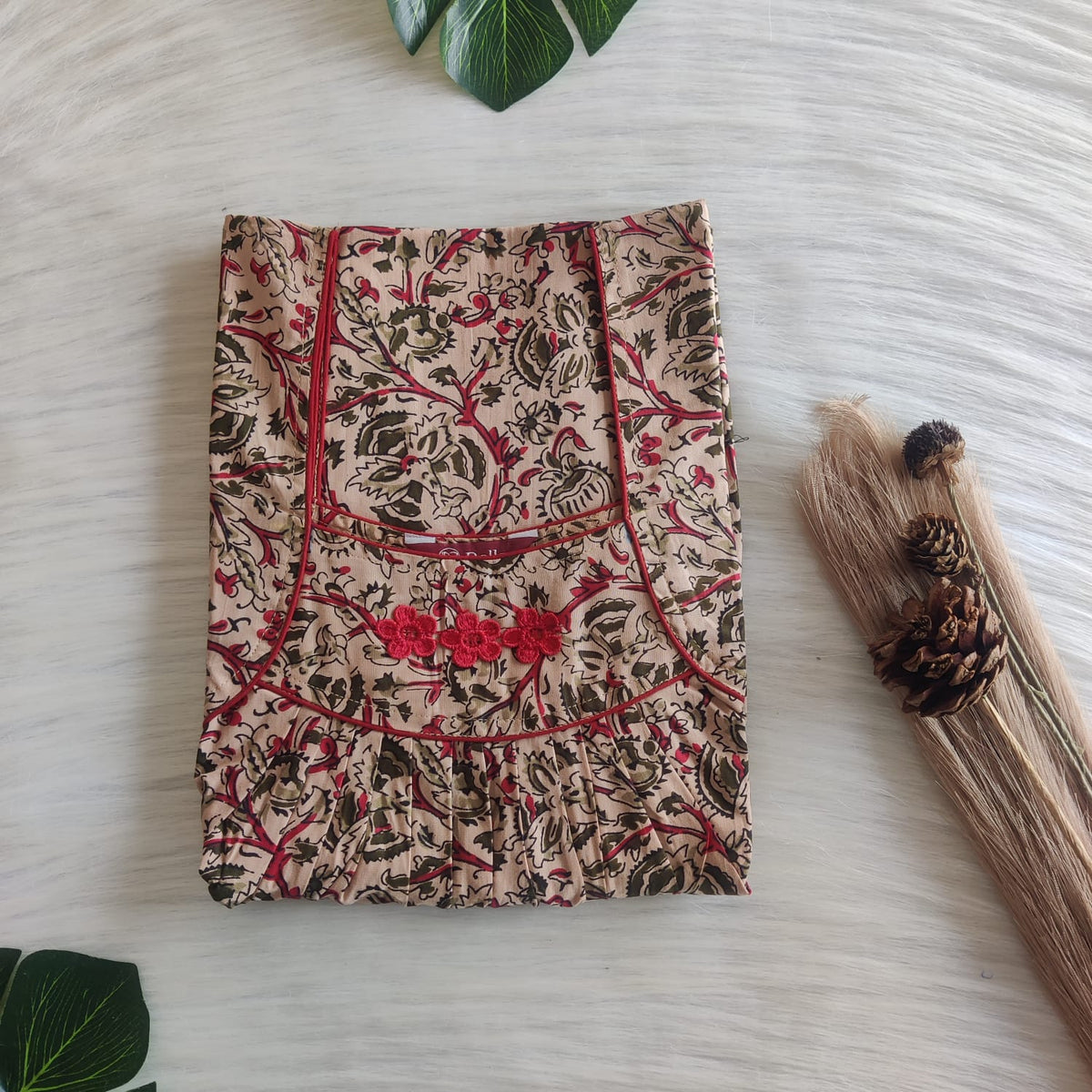 Green Floral Printed Beige Premium Cotton Three Flower Nighty |Free Size | Chest Width 44"| Length 54"-55"