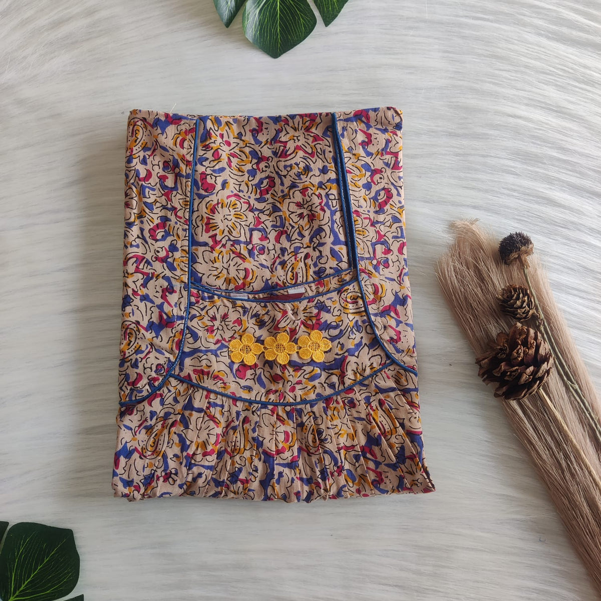Blue And Red Printed Beige Premium Cotton Three Flower Nighty |Free Size | Chest Width 44"| Length 54"-55"