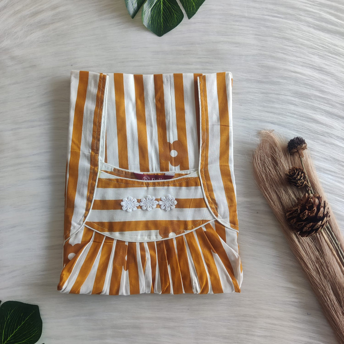 Mustard Yellow Stripes Premium Cotton Three Flower Nighty |Free Size | Chest Width 44"| Length 54"-55"