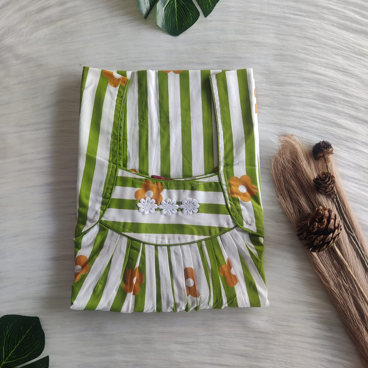 Green Stripes Printed Premium Cotton Three Flower Nighty |Free Size | Chest Width 44"| Length 54"-55"