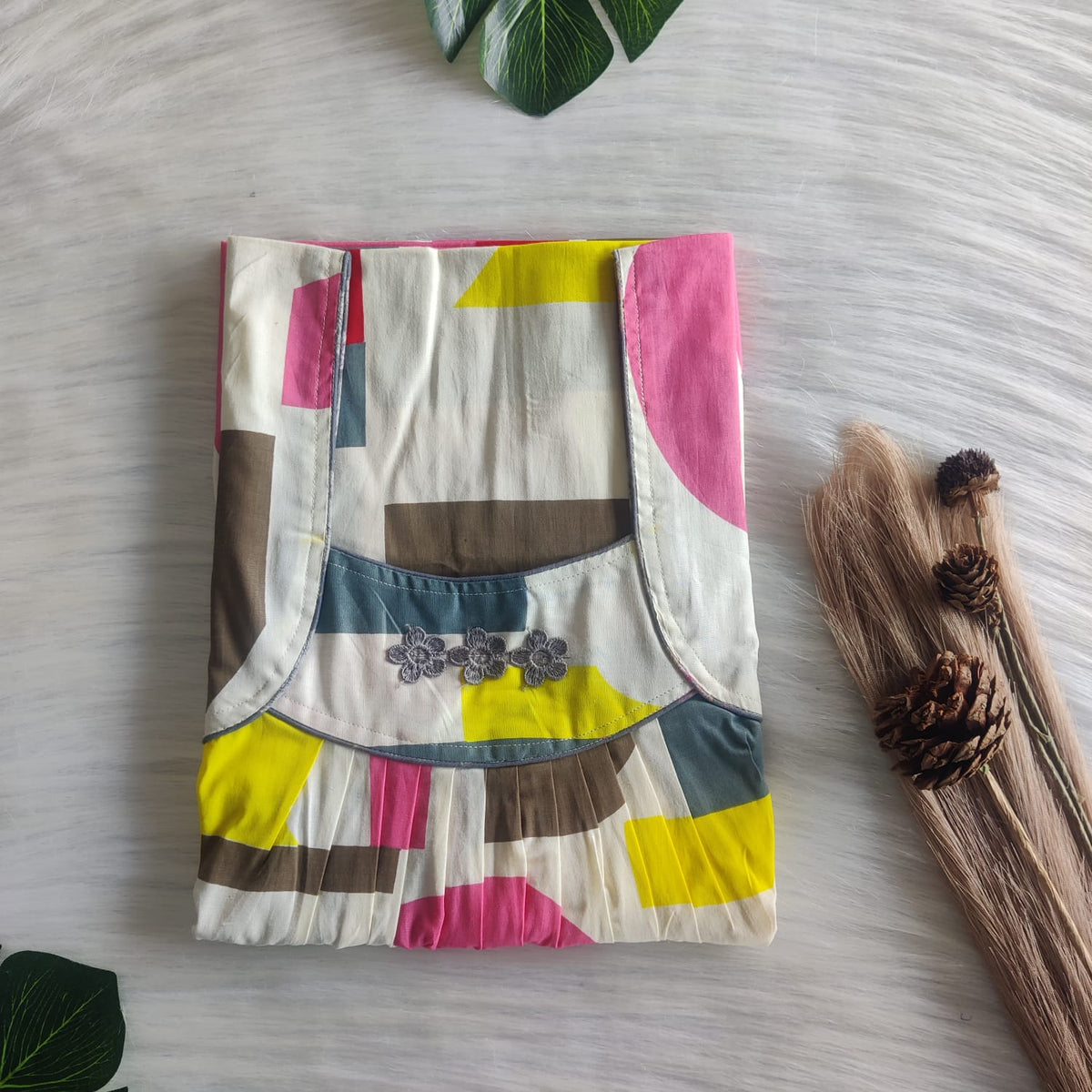 Pink And Yellow Printed Ivory Premium Cotton Three Flower Nighty |Free Size | Chest Width 44"| Length 54"-55"