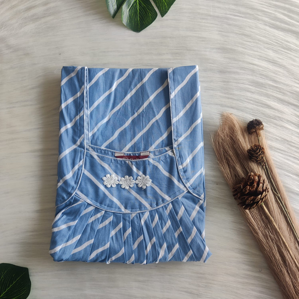 Blue Stripe Printed Premium Cotton Three Flower Nighty |Free Size | Chest Width 44"| Length 54"-55"