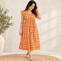 Orange Check Printed Premium Cotton V- Neck Ruffle Sleeve Long Zip Short Maternity Gown | Free Size | Chest Width 44″| Length 44″|