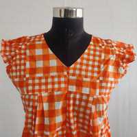 Orange Check Printed Premium Cotton V- Neck Ruffle Sleeve Long Zip Short Maternity Gown | Free Size | Chest Width 44″| Length 44″|