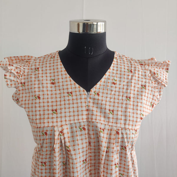 Orange Cherry Printed Premium Cotton V- Neck Ruffle Sleeve Long Zip Short Maternity Gown | Free Size | Chest Width 44″| Length 44″|