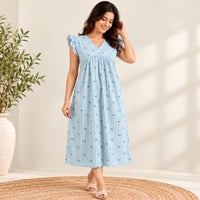 Blue Stripe Printed Premium Cotton V- Neck Ruffle Sleeve Long Zip Short Maternity Gown | Free Size | Chest Width 44″| Length 44″|