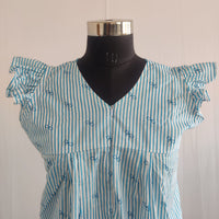 Blue Stripe Printed Premium Cotton V- Neck Ruffle Sleeve Long Zip Short Maternity Gown | Free Size | Chest Width 44″| Length 44″|