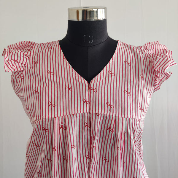 Pink Stripes Printed Premium Cotton V- Neck Ruffle Sleeve Long Zip Short Maternity Gown | Free Size | Chest Width 44″| Length 44″|