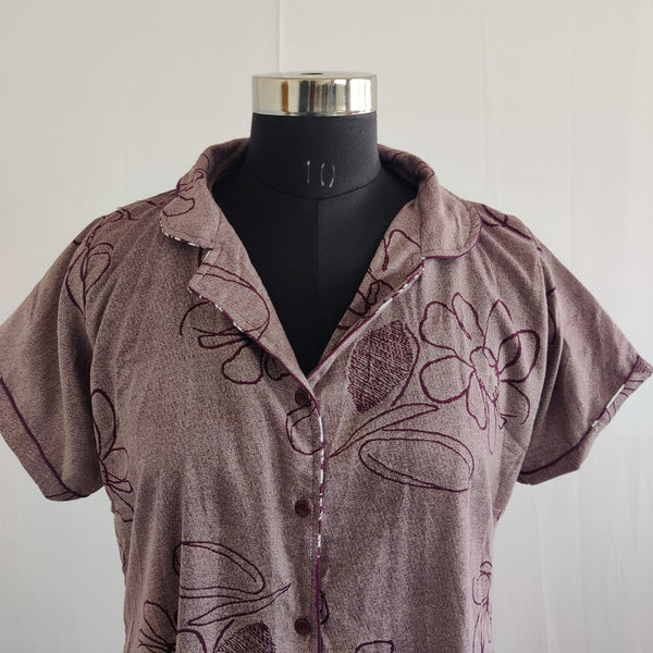 Wine Floral Printed Alfine Full Open Long Polo Shirt Dress | Side Pocket | Free Size | Chest Width 44″| Length 44″