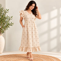 Brown Stripes Printed Premium Cotton Ruffle Sleeve Short Maternity Gown | Free Size | Chest Width 44″| Length 44″