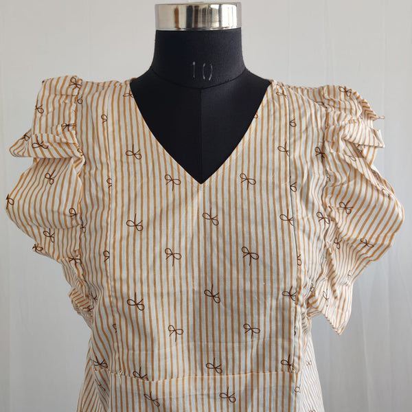Brown Stripes Printed Premium Cotton Ruffle Sleeve Short Maternity Gown | Free Size | Chest Width 44″| Length 44″