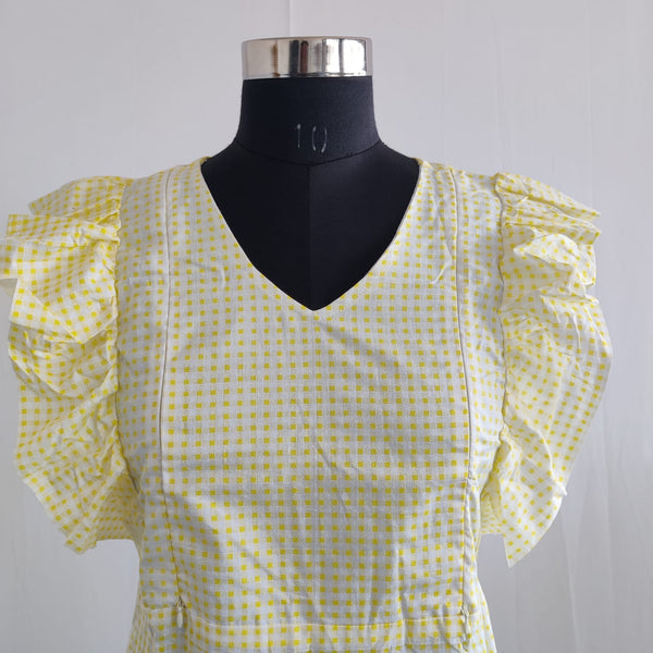 Yellow Dot Printed Premium Cotton Ruffle Sleeve Short Maternity Gown | Free Size | Chest Width 44″| Length 44″