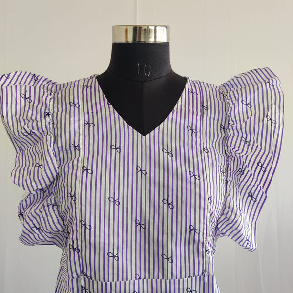 Purple Stripes Printed Premium Cotton Ruffle Sleeve Short Maternity Gown | Free Size | Chest Width 44″| Length 44″