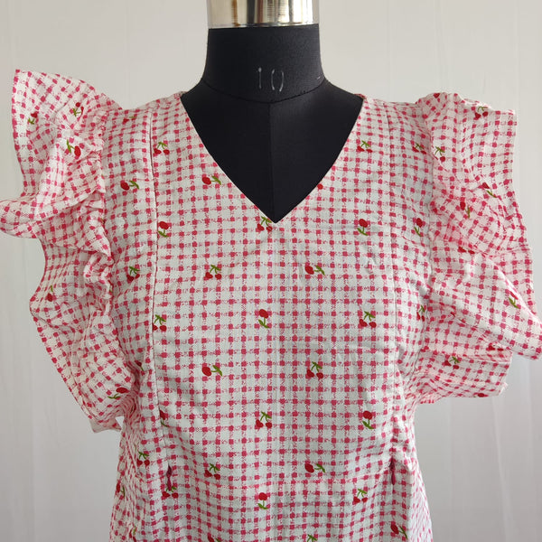 Red Cherry Printed Premium Cotton Ruffle Sleeve Short Maternity Gown | Free Size | Chest Width 44″| Length 44″