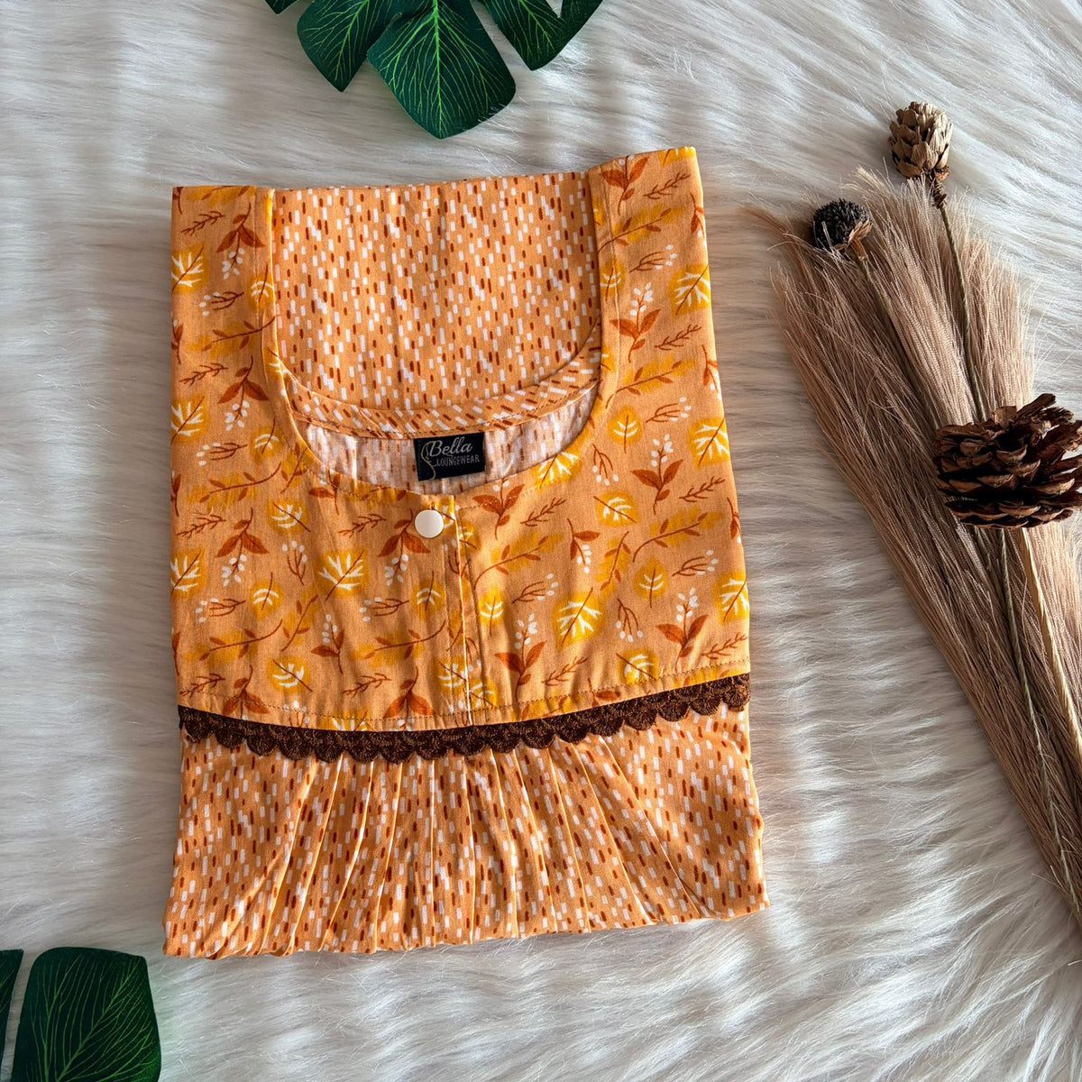 Orange And White Printed Premium Cotton Lace Nighty | Free Size | Chest Width 44″| Length 54″-56″