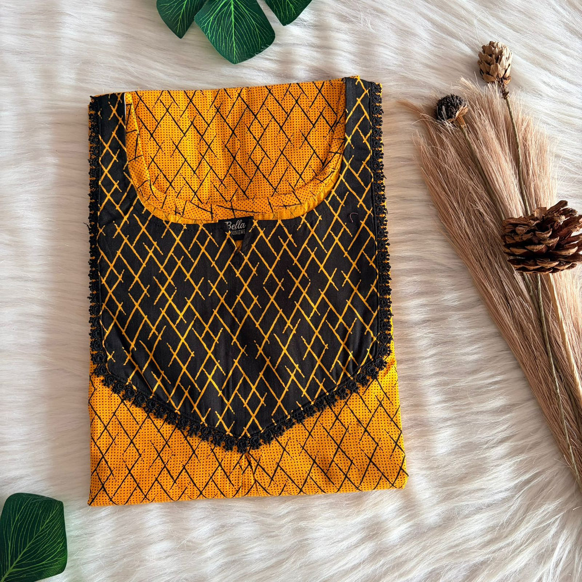 Black And Yellow Printed Premium Cotton Mix N Match Lace Pocket Nighty | Free Size | Chest Width 44″| Length 56″