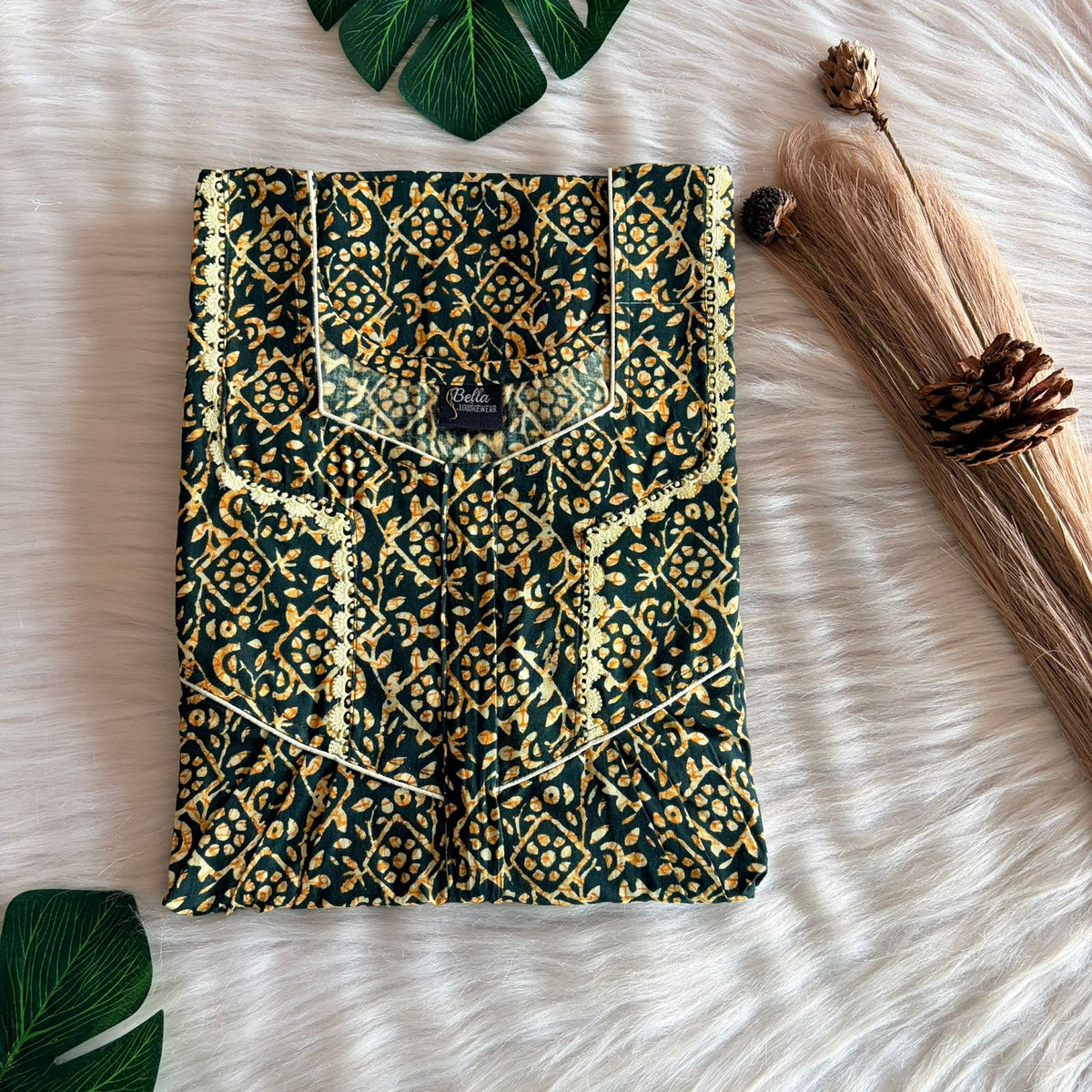 Green Printed Premium Cotton Long Zip Lace Feeding Nighty | Free Size | Chest Width 44″| Length 56″