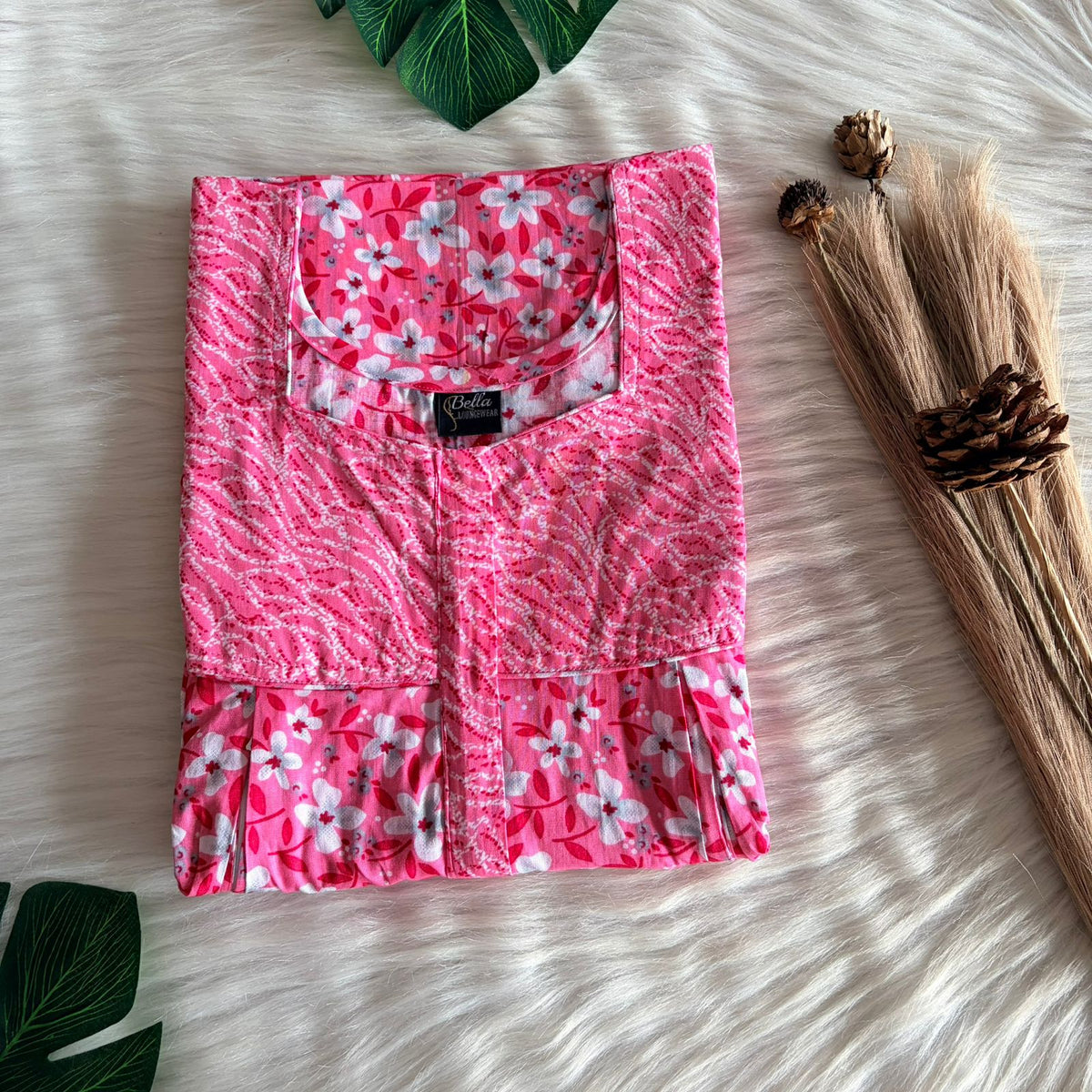 Peach And White Floral Printed Premium Cotton Pleated Vertical Zip Feeding Nighty | Free Size | Chest Width 44″| Length 54″-56″