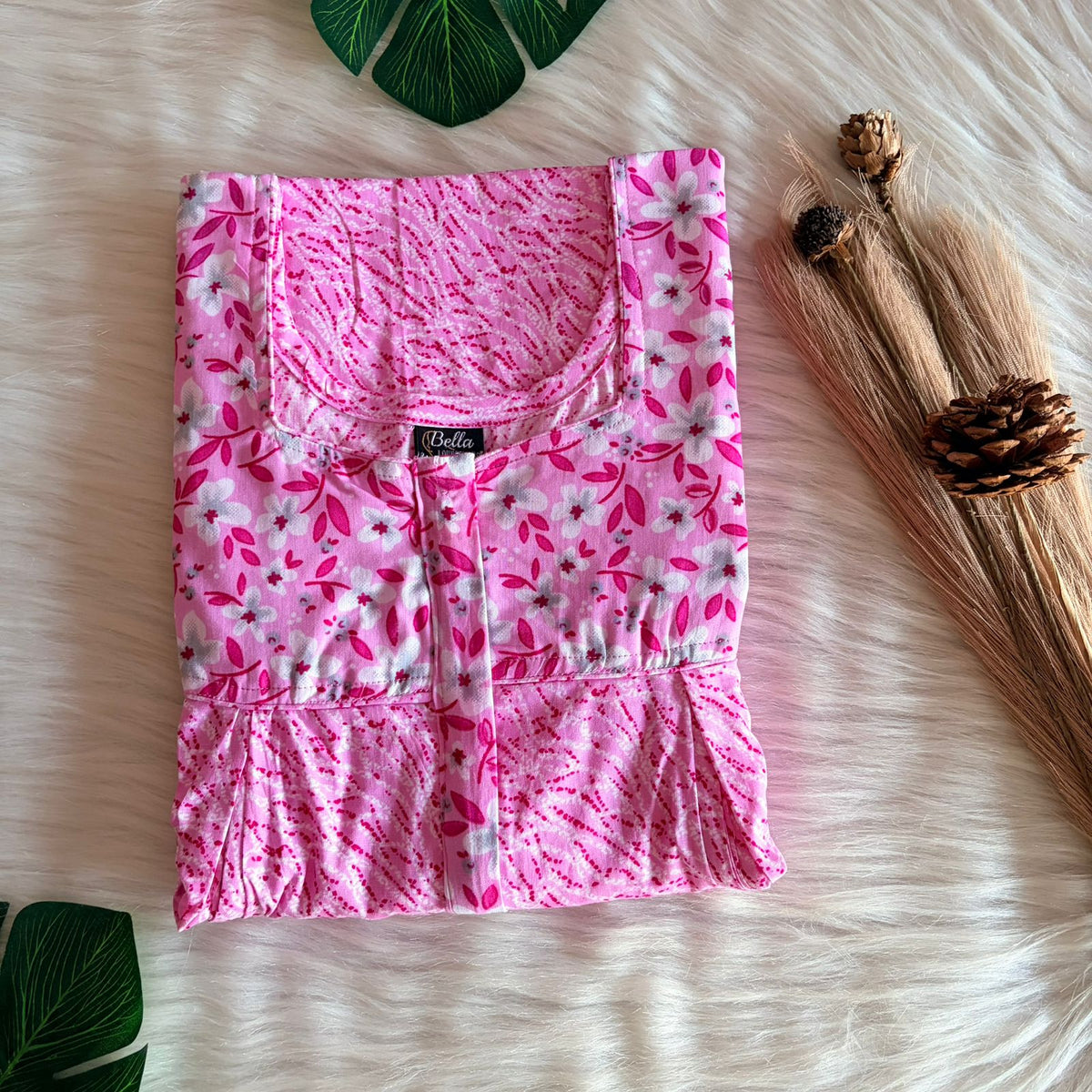 White And Pink Printed Premium Cotton Pleated Vertical Zip Feeding Nighty | Free Size | Chest Width 44″| Length 54″-56″