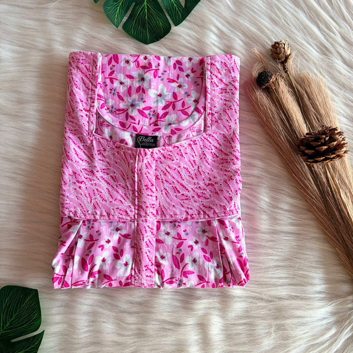 Pink And White Floral Printed Premium Cotton Pleated Vertical Zip Feeding Nighty | Free Size | Chest Width 44″| Length 54″-56″