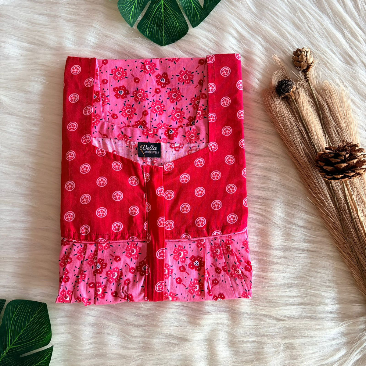 Red And Pink Floral Premium Cotton Square Neck Pleated Nighty | Free Size | Chest Width 44″| Length 55″-56″