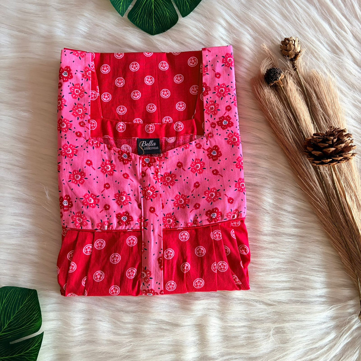 Pink And Red Premium Cotton Square Neck Pleated Nighty | Free Size | Chest Width 44″| Length 55″-56″