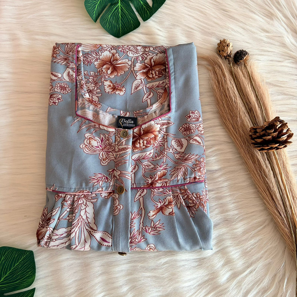 Blue And Brown Floral Printed Alfine Button Zip Nighty | Free Size | Chest Width 44″| Length 54″-56″