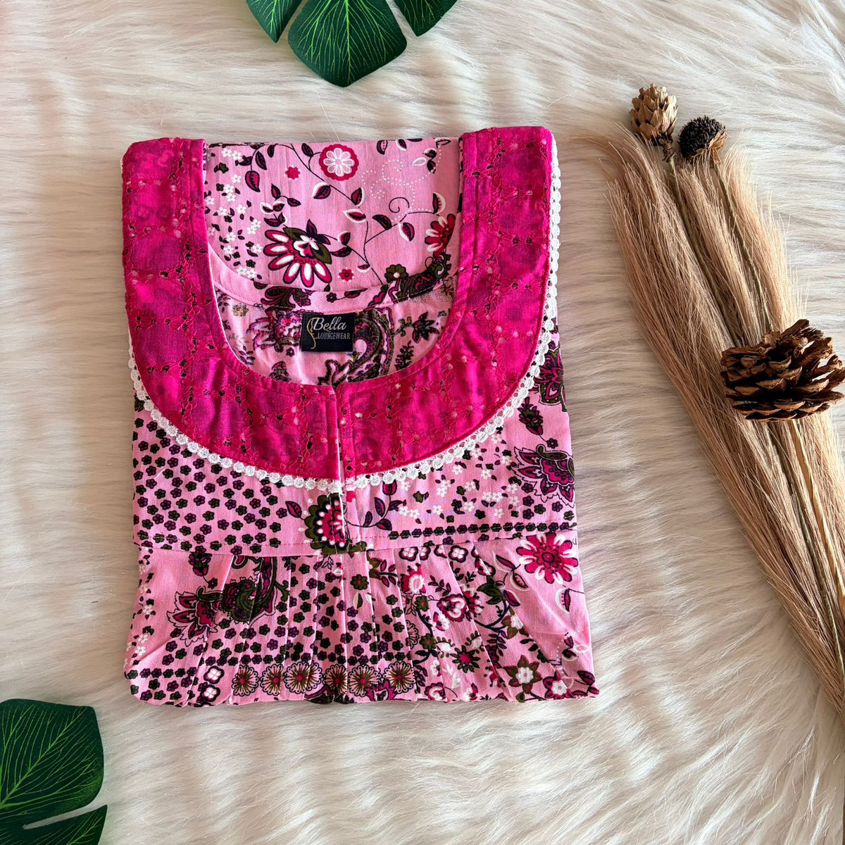 Pastel Pink Printed Premium Cotton Hakoba Lace Nighty | Free Size | Chest Width 44″| Length 54″-56″
