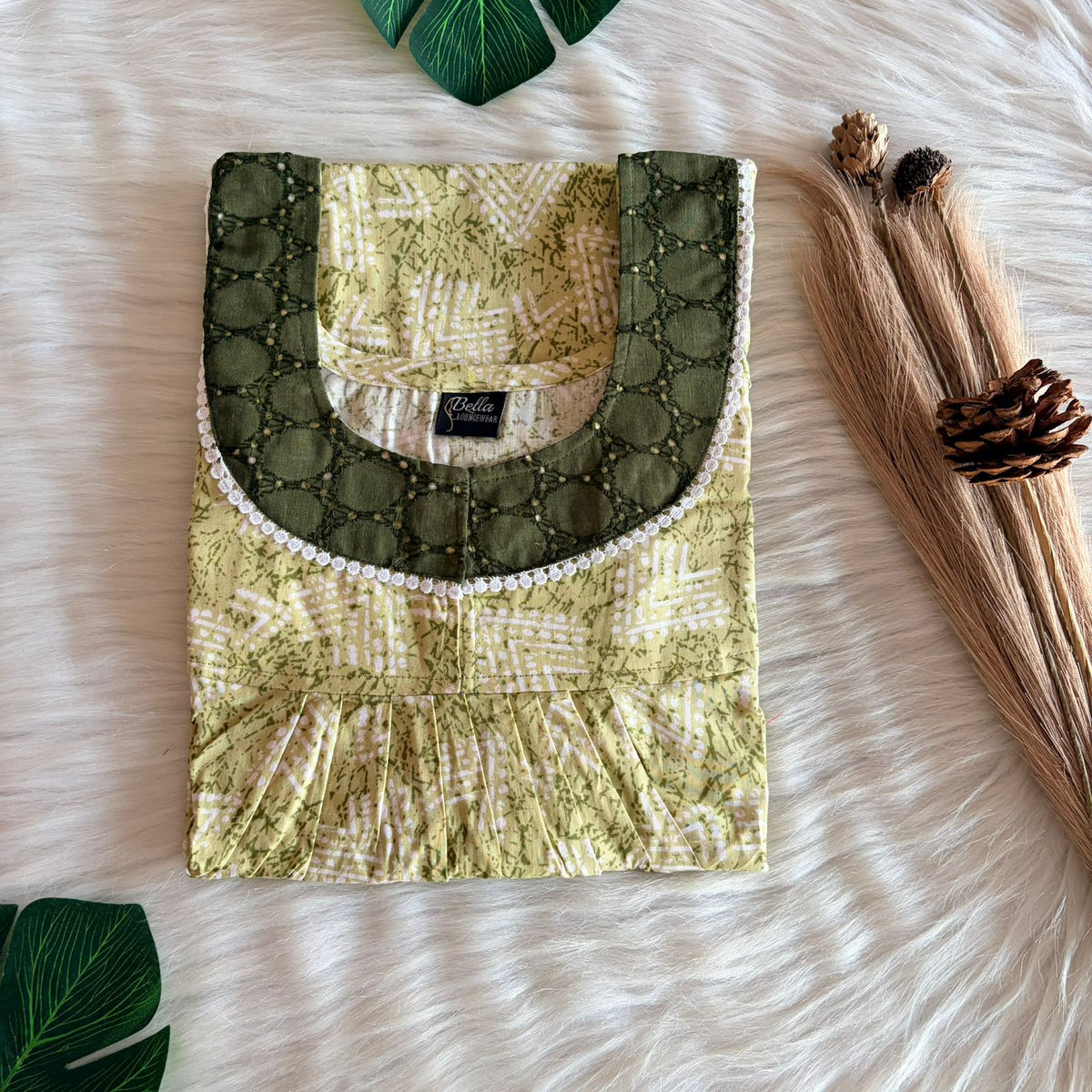 Pale Green Printed Premium Cotton Hakoba Lace Nighty | Free Size | Chest Width 44″| Length 54″-56″