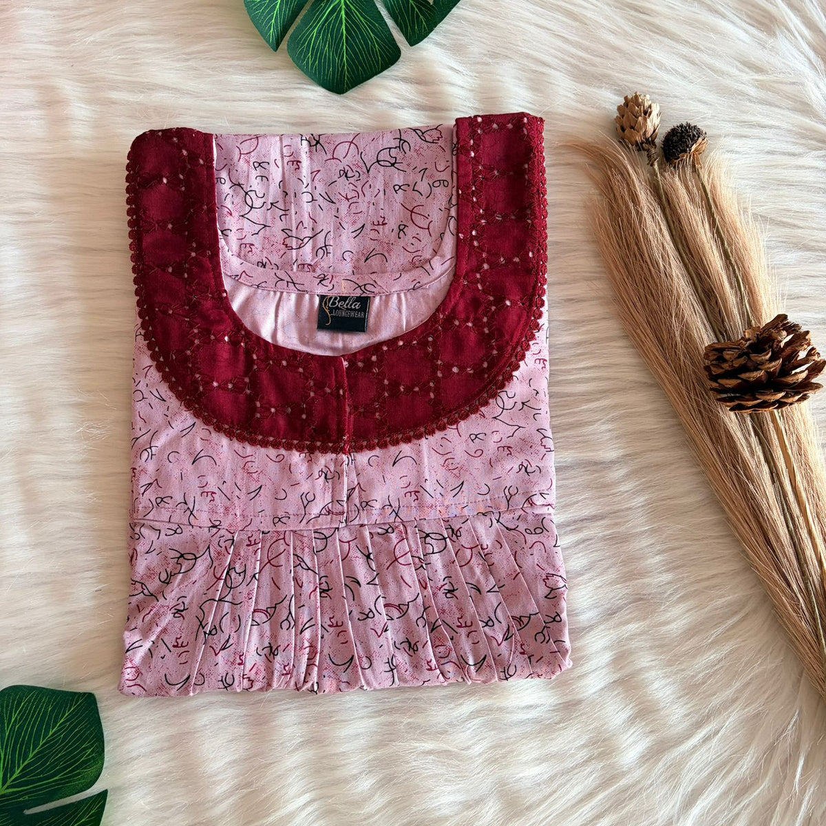 Pastel Pink Printed Premium Cotton Hakoba Lace Nighty | Free Size | Chest Width 44″| Length 54″-56″