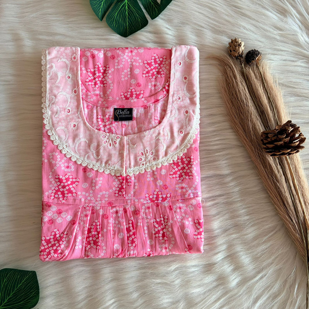 Pink Bandhani Printed Premium Cotton Hakoba Lace Nighty | Free Size | Chest Width 44″| Length 54″-56″