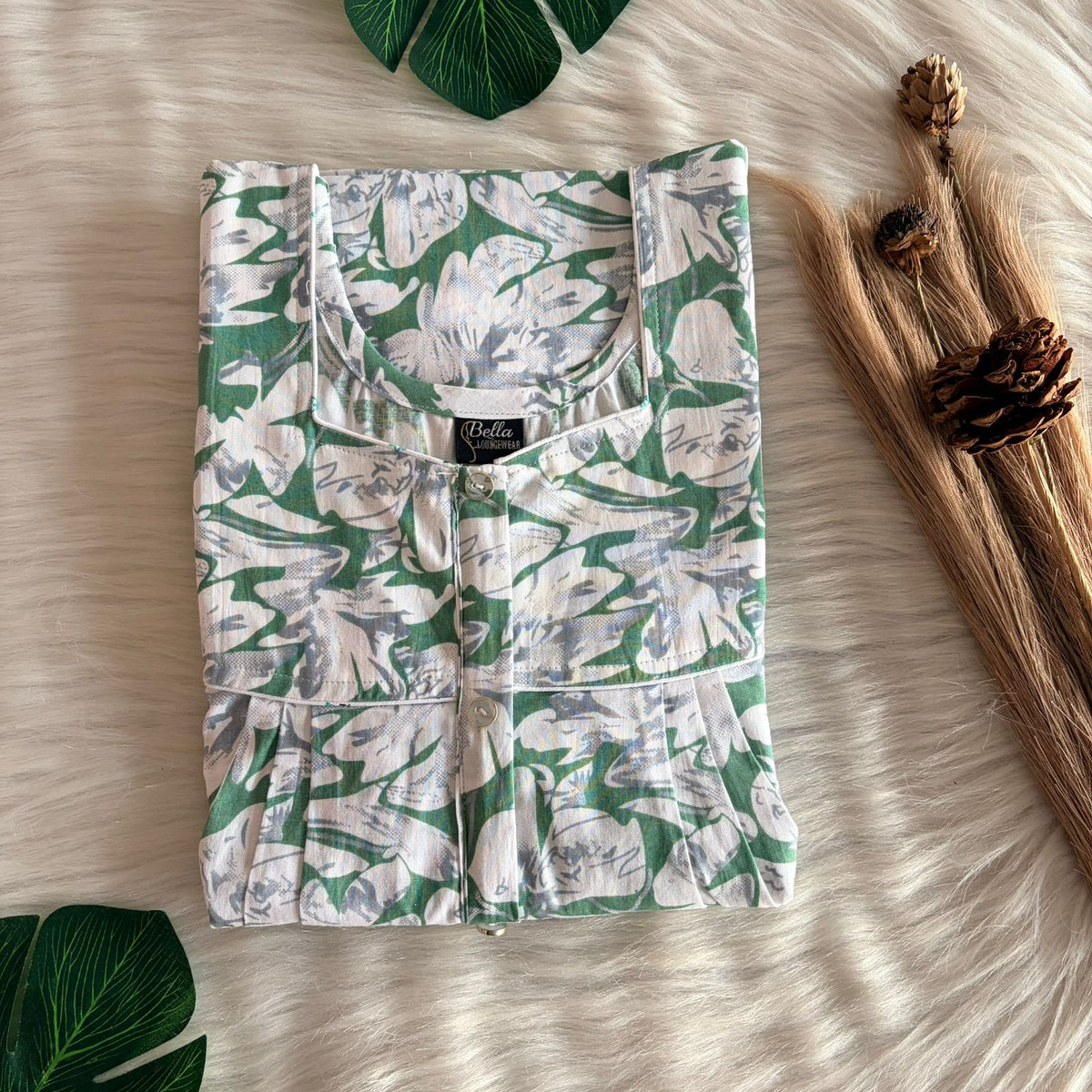 White And Green Floral Printed Premium Cotton Button Zip Nighty | Free Size | Chest Width 44″| Length 55″-56″