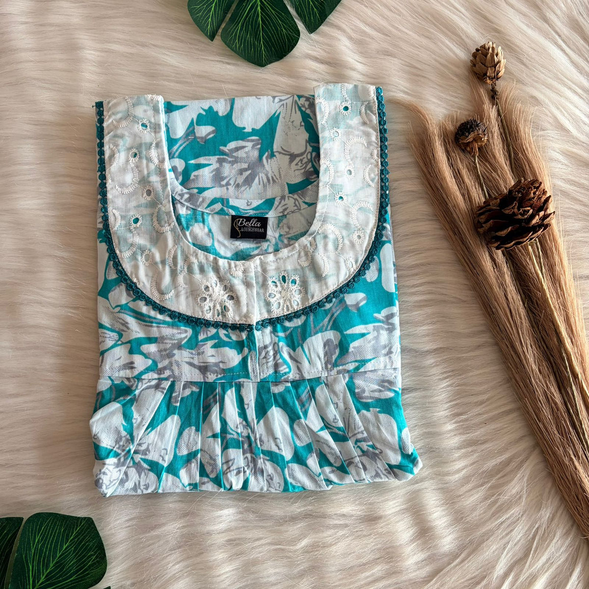 Aqua Blue And White Floral Printed Premium Cotton Hakoba Lace Nighty | Free Size | Chest Width 44″| Length 54″-56″