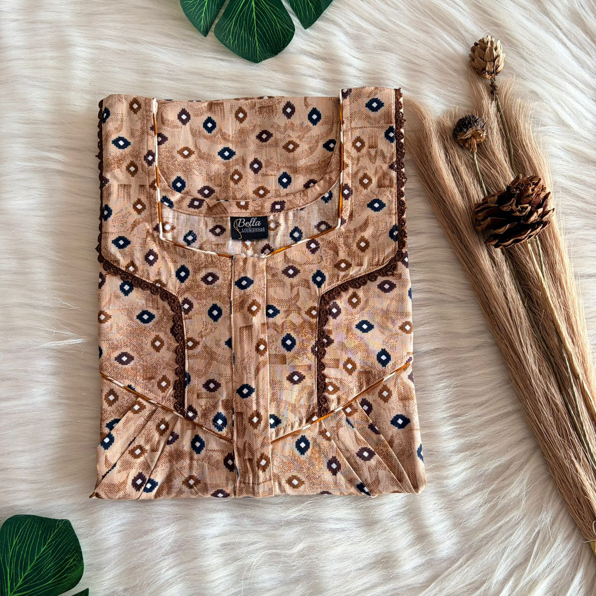 Brown Ikat Printed Premium Cotton Long Zip Lace Feeding Nighty | Free Size | Chest Width 44″| Length 56″