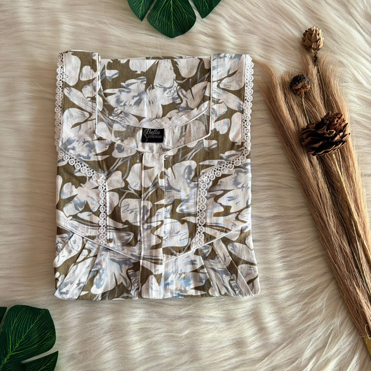 Olive Green And White Floral Printed Premium Cotton Long Zip Lace Feeding Nighty | Free Size | Chest Width 44″| Length 56″