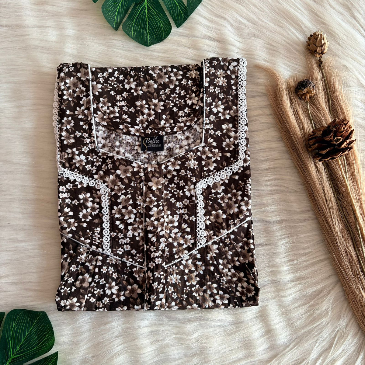 Coffee Brown Floral Printed Premium Cotton Long Zip Lace Feeding Nighty | Free Size | Chest Width 44″| Length 56″